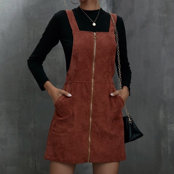 Dresses & Skirts - zipper pocket fall corduroy mini dress rust brown